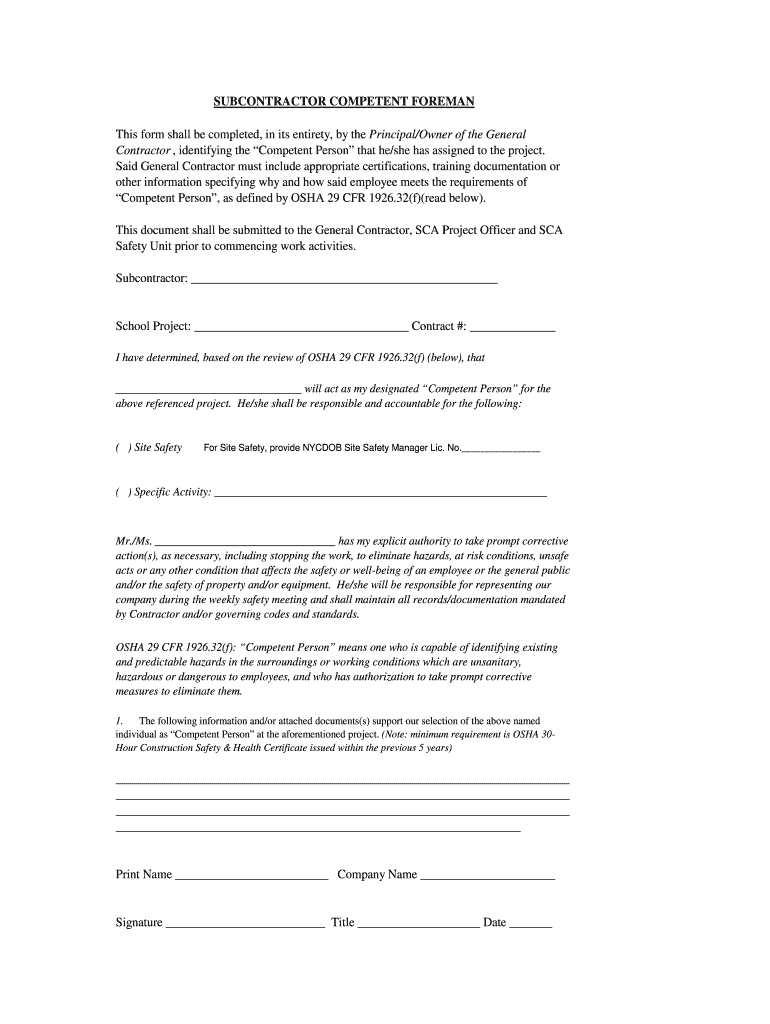 Subcontractor Competent  Form