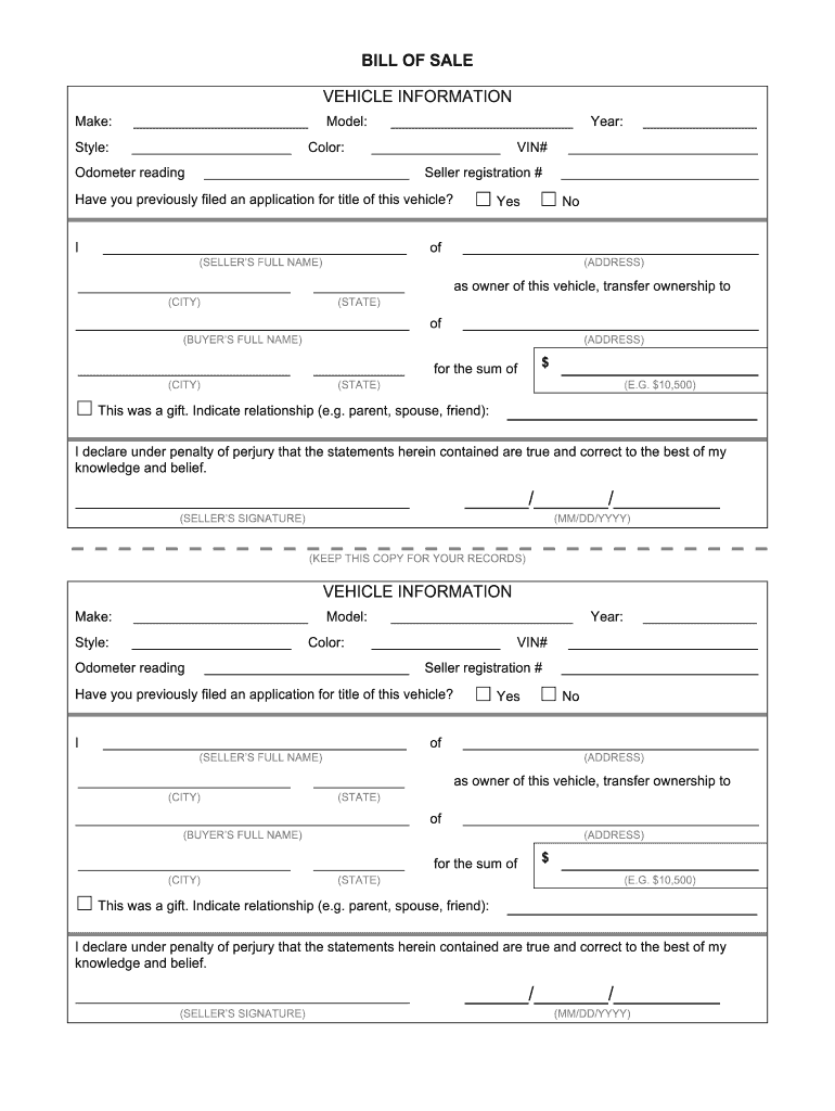 Vehicle Bill of Sale  Form