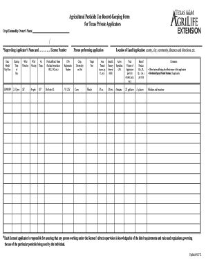  Agricultural Pesticide Use Record Keeping Form for Texas Private 2012