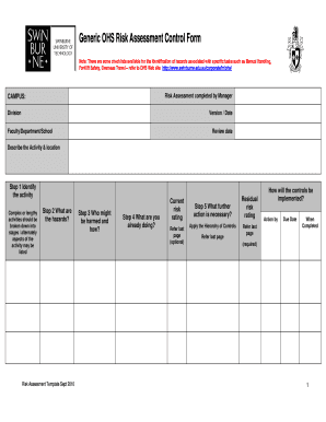 Generic OHS Risk Assessment Control Form Swinburne Edu