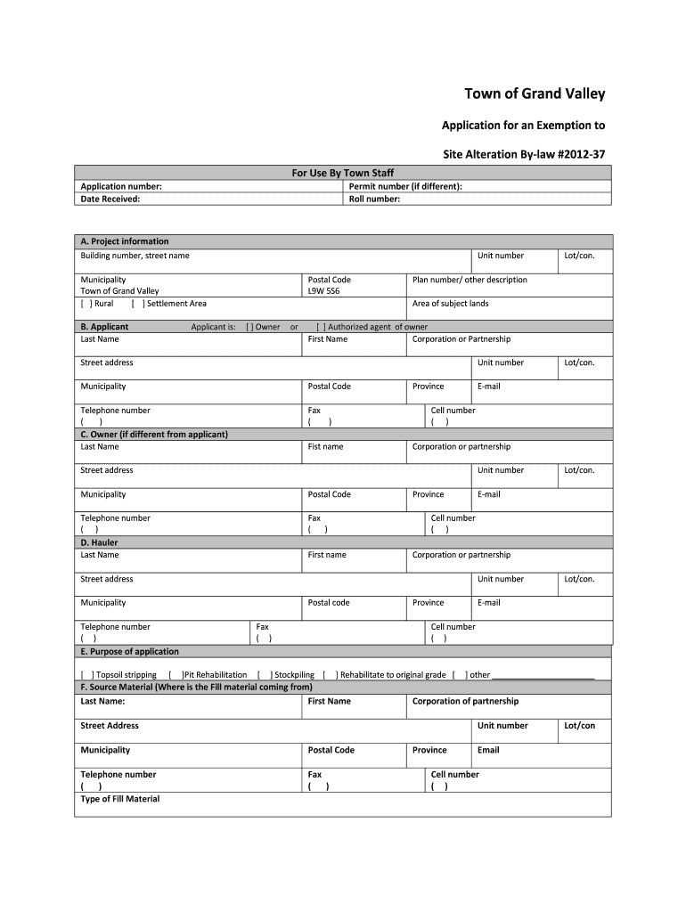 Application for an Exemption to Site Alteration by Law    Grand Valley  Form