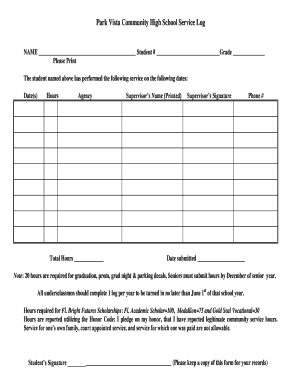 Park Vista Community High School Service Log the School District Bb  Form