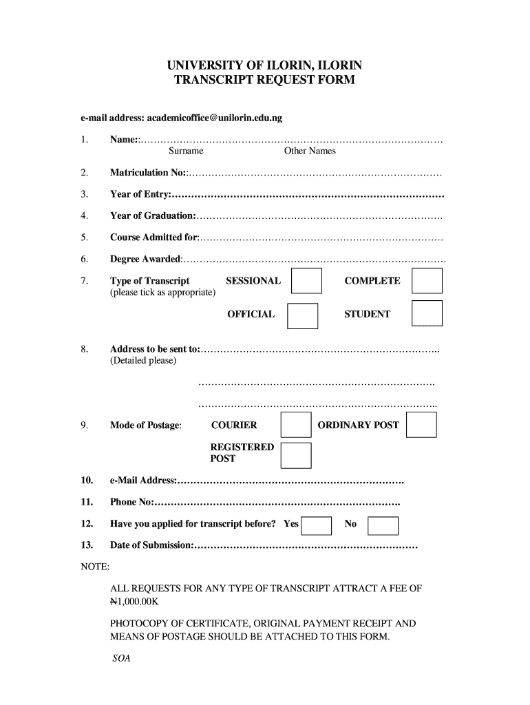 Unilorin Transcript  Form