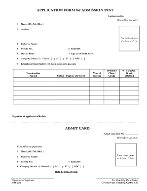 APPLICATION FORM for ADMISSION TEST