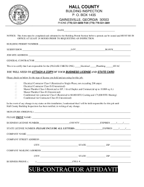 SUB CONTRACTOR AFFIDAVIT Hall County, GA Hallcounty  Form