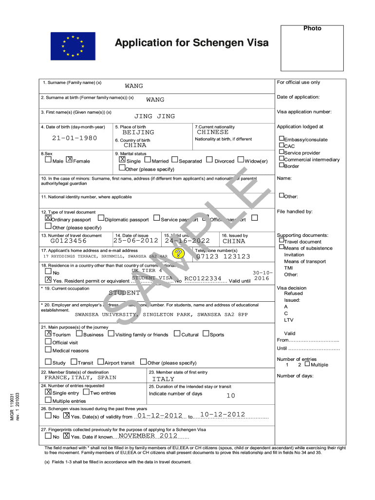 Filled Schengen Visa Application Form