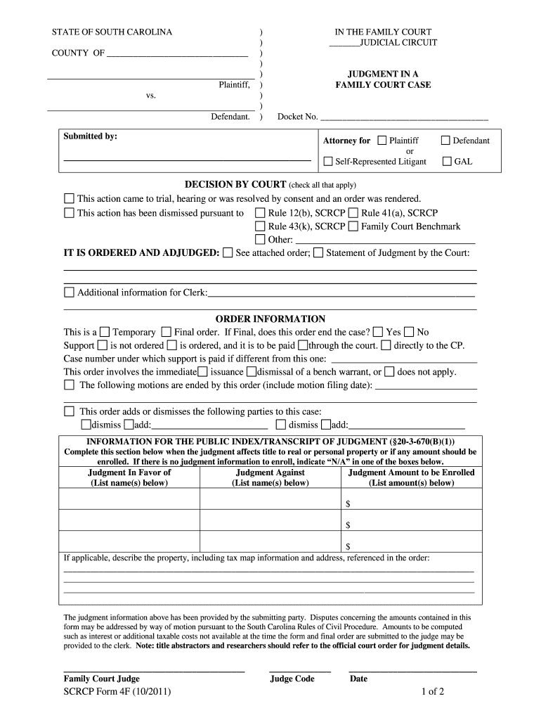 SCRCP Form 4F 10 1 of 2 This Action Came to Trial, Hearing Sccourts
