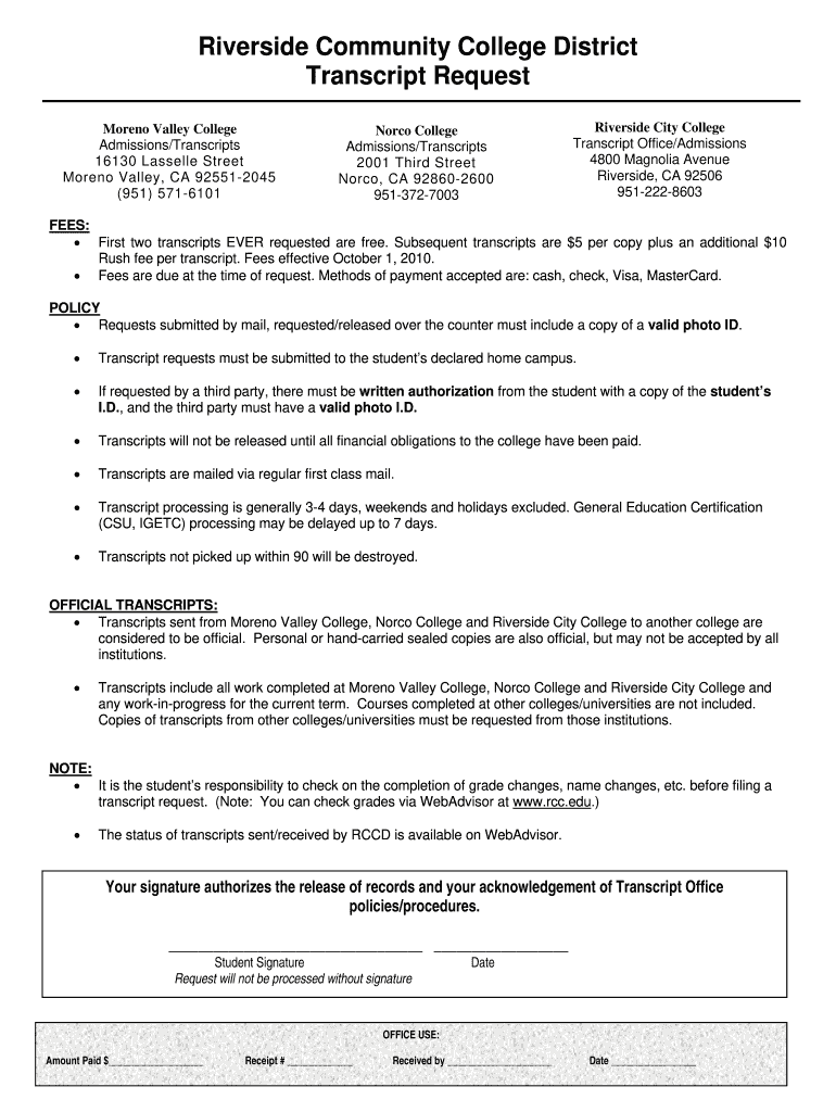 Riverside Community College Transcript Form