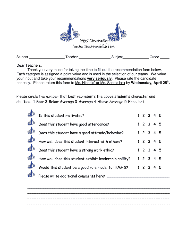 Teacher Recommendation Form Forcheerleading Tryouts