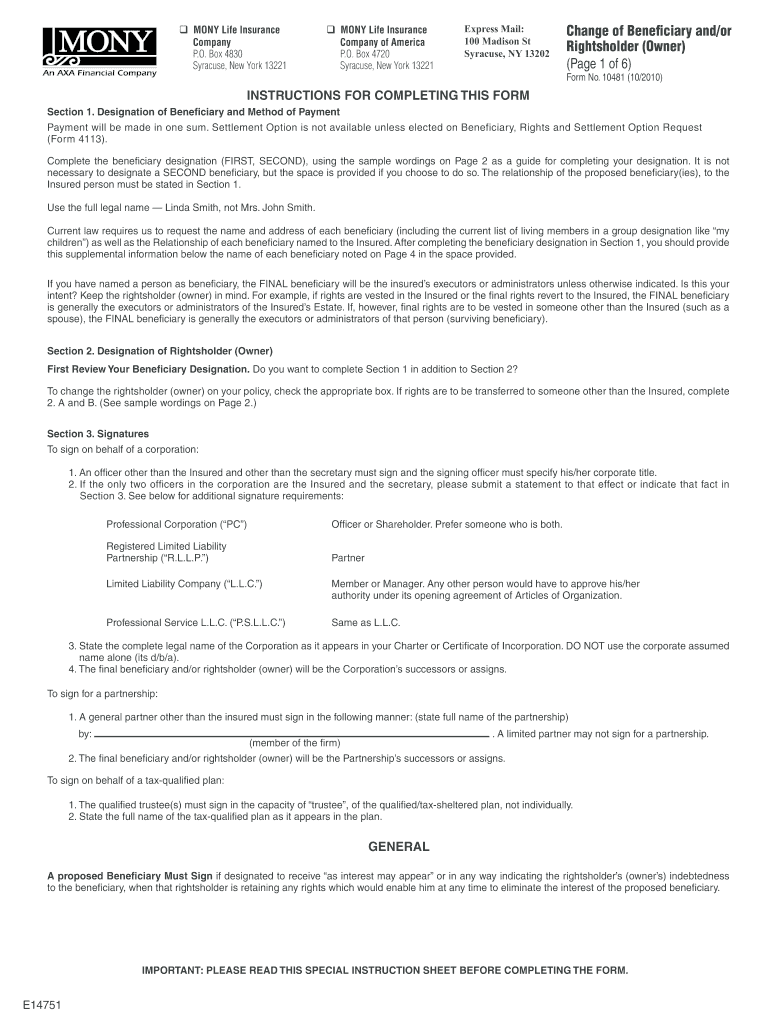  Mony Life Insurance Company Change Beneficiary 2010-2024