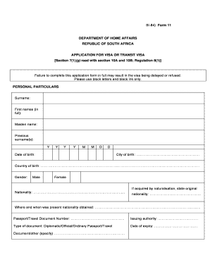 Application for South African Visa  Form
