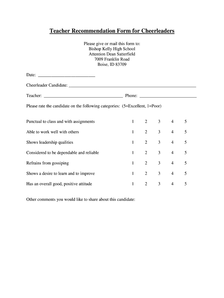 Teacher Recommendation Form for Cheerleaders Bishop Kelly
