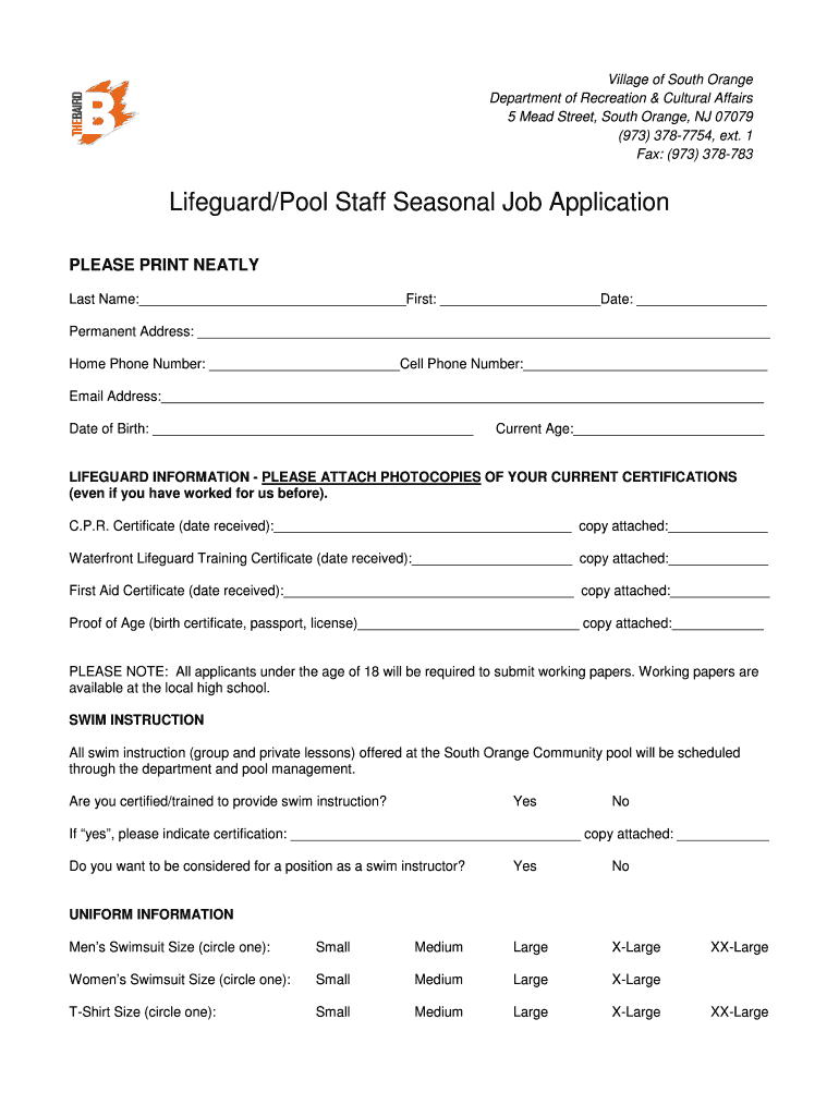  LifeguardPool Staff Seasonal Job Application the Township of Southorange 2014-2024