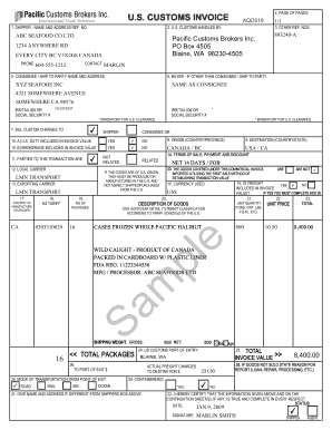 SAMPLE U S Customs Invoice Form Pacific Customs Brokers