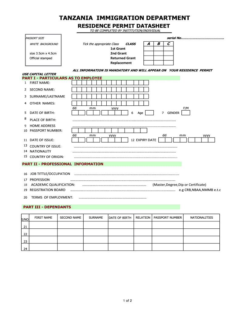Residence Permit Data Sheet  Form