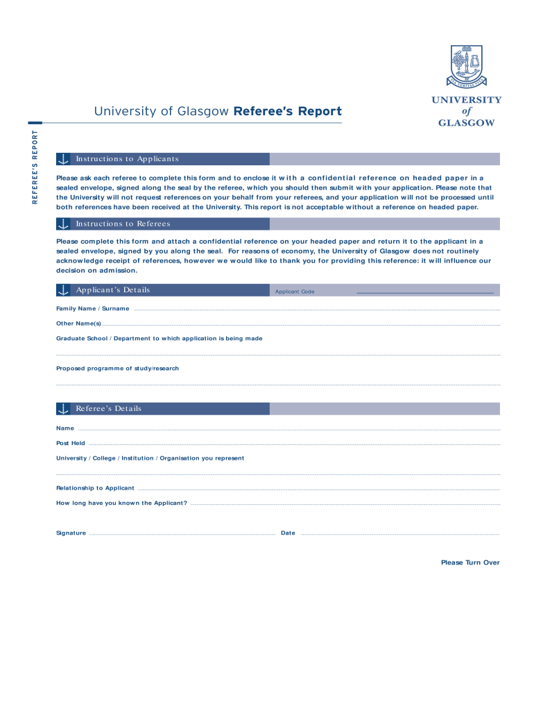  University of Glasgow Editable Referee Form 2004-2024