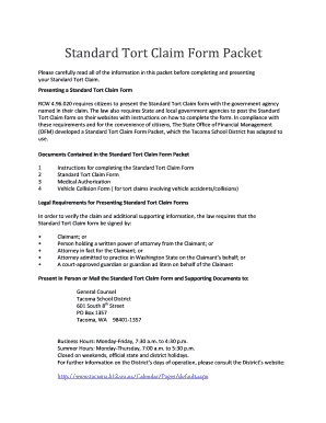 Standard Tort Claim Form Packet Tacoma Public Schools