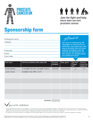  Sponsorship Form Prostate Cancer UK 2013