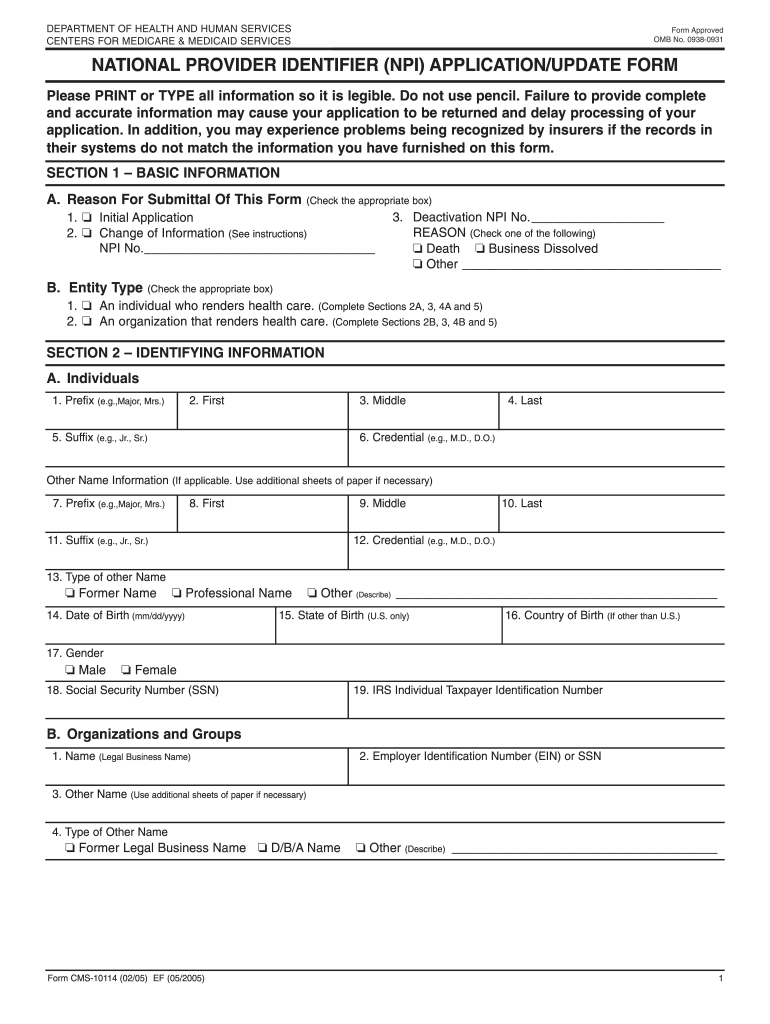 OMB No 0938 0931 NATIONAL PROVIDER IDENTIFIER NPI 2005