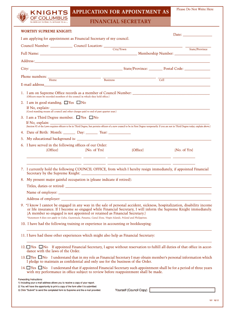  Financial Secretary Form Template 2012-2024