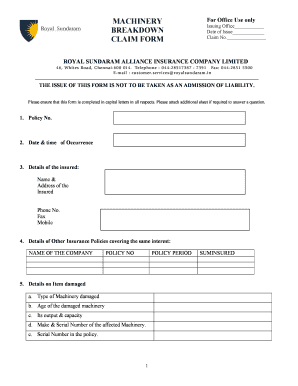 Machinery Breakdown Claim Form Royal Sundaram General Royalsundaram