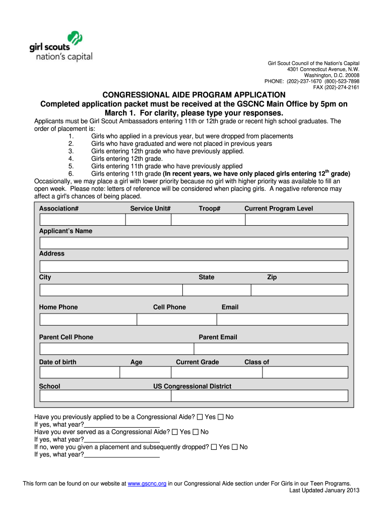 Get and Sign CONGRESSIONAL AIDE PROGRAM APPLICATION Completed    Gscnc 2013 Form