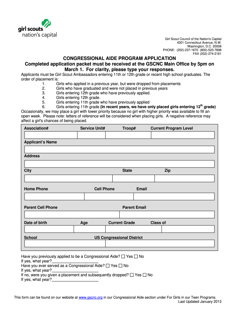  CONGRESSIONAL AIDE PROGRAM APPLICATION Completed    Gscnc 2013