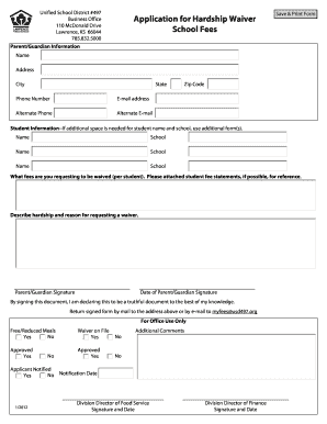 Application for Hardship Waiver School Fees USD 497 Usd497  Form