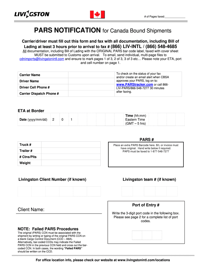 Canada Pars Notification Forms