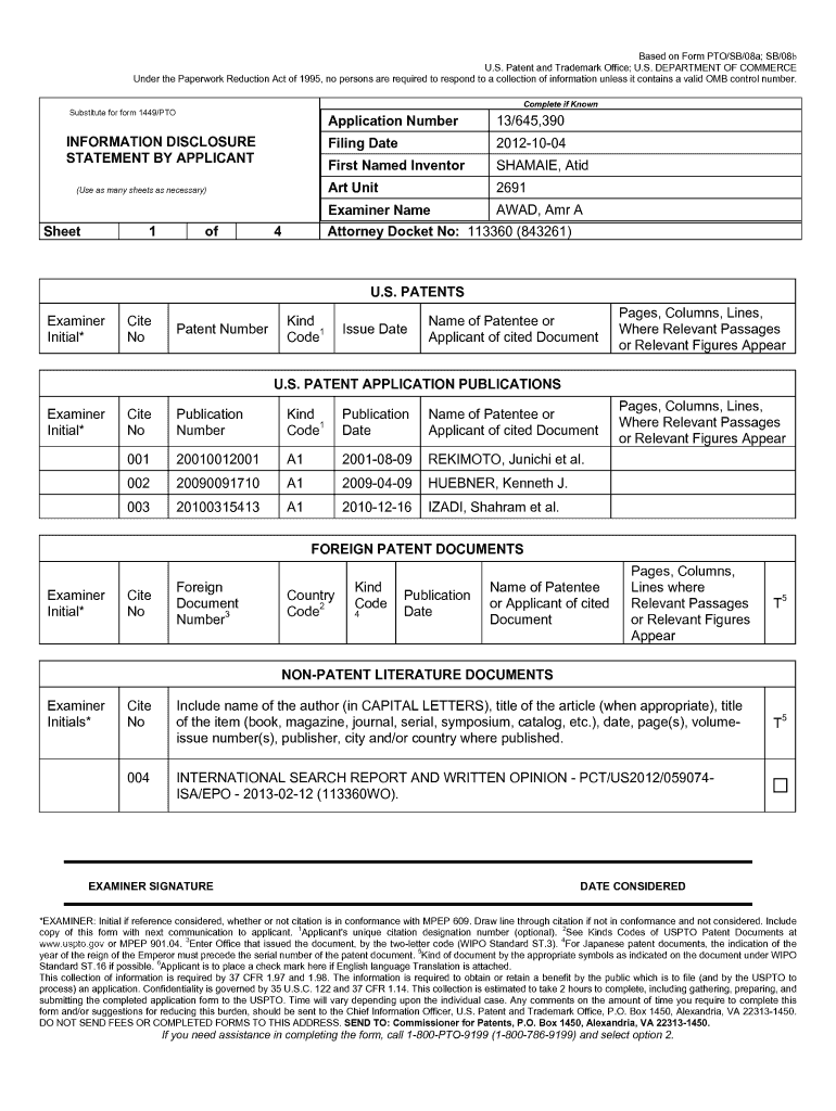 Substitute Forform 1449PTO Application Number 136 5 3&#39