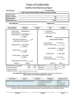 Backflow Test &amp; Maintenance Form the Town of Collierville