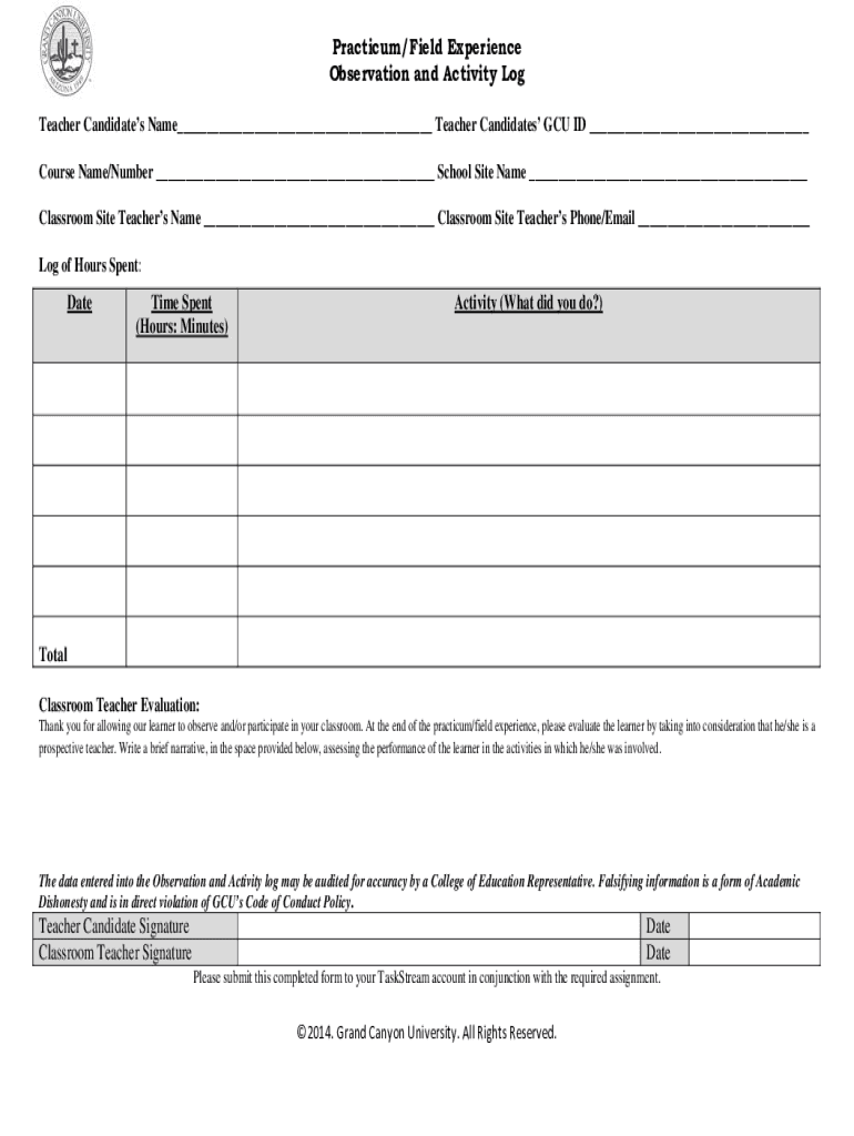 Gcu Clinical Field Experience Form