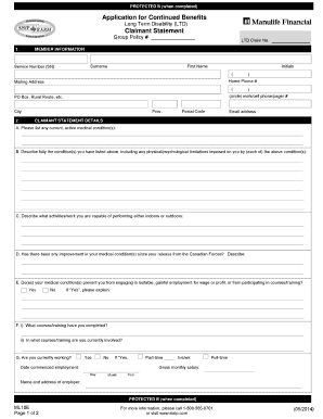 Application for Continued Benefits Long Term Disability  Form