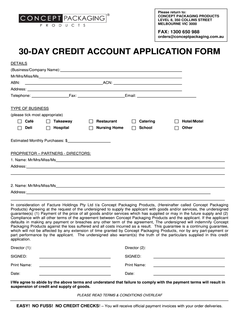 30 DAY CREDIT ACCOUNT APPLICATION FORM Concept