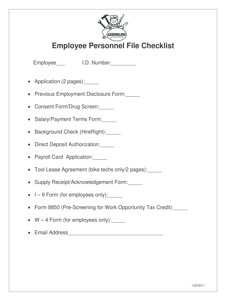 Printable Employee File Checklist  Form