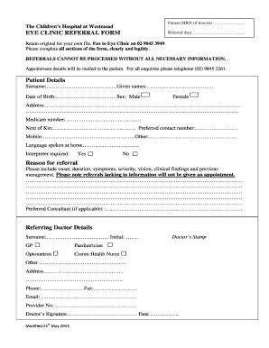 Eye Clinic Referral Form the Children&amp;#39;s Hospital at Westmead Chw Edu