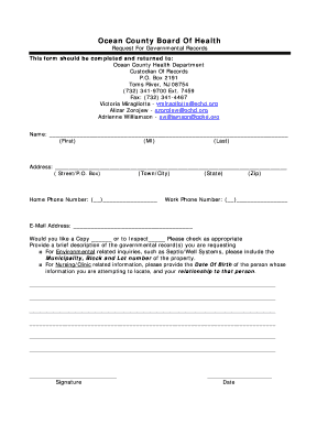 Ocean County Board of Health Ocean County Health Department  Form