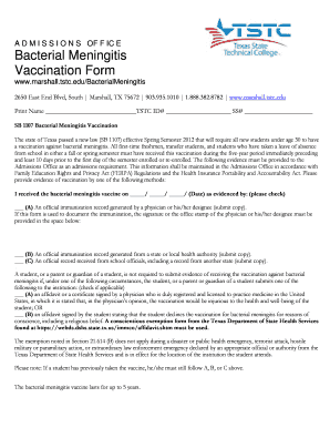 Bacterial Meningitis Vaccination Form