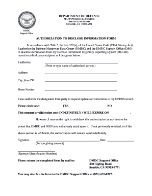 AUTHORIZATION to DISCLOSE INFORMATION FORM in DMDC Dmdc Osd