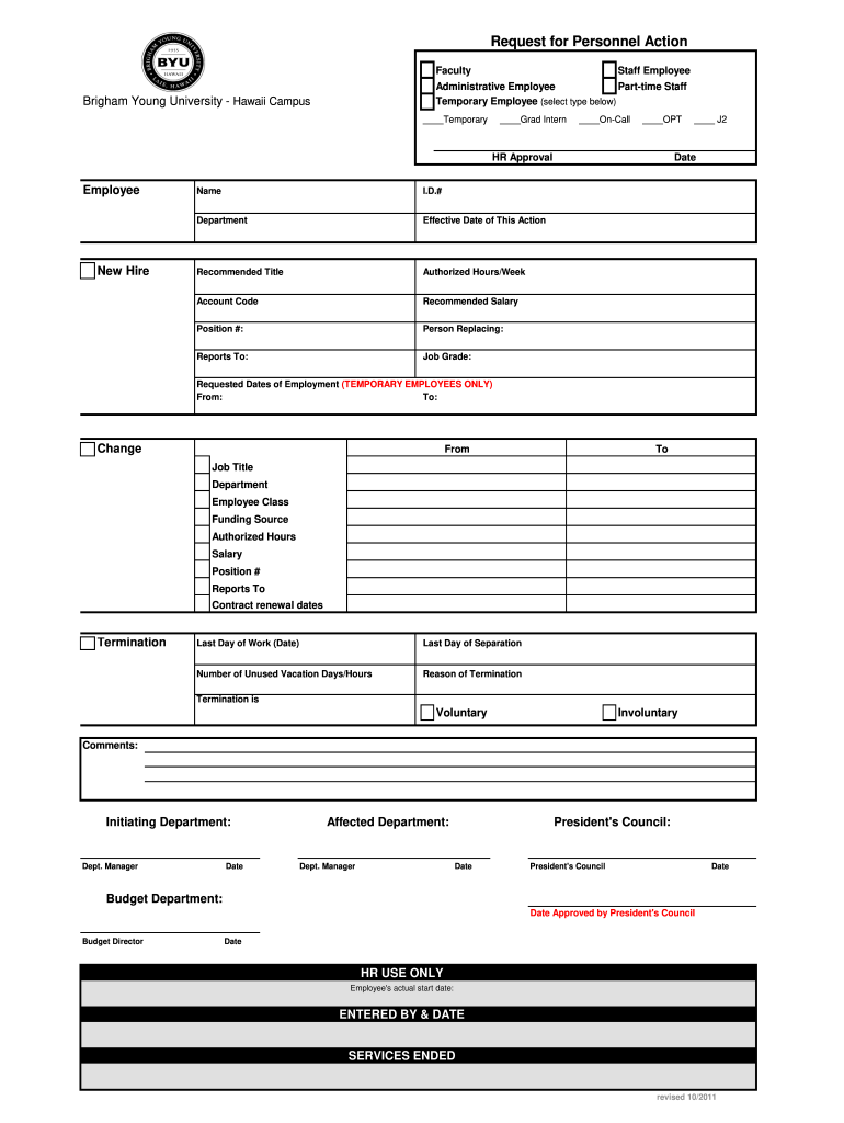 Request for Personnel Action Brigham Young UniversityHawaii  Form