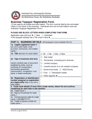 Business Taxpayer Registration Form Lesotho Revenue Authority