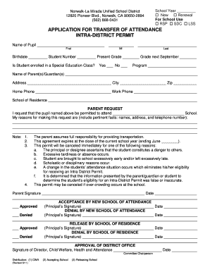 Application for Transfer of Attendance Intra District Permit  Form
