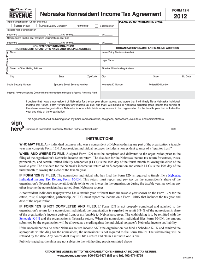  Form 12N Nebraska Nonresident Income Tax Agreement 2020