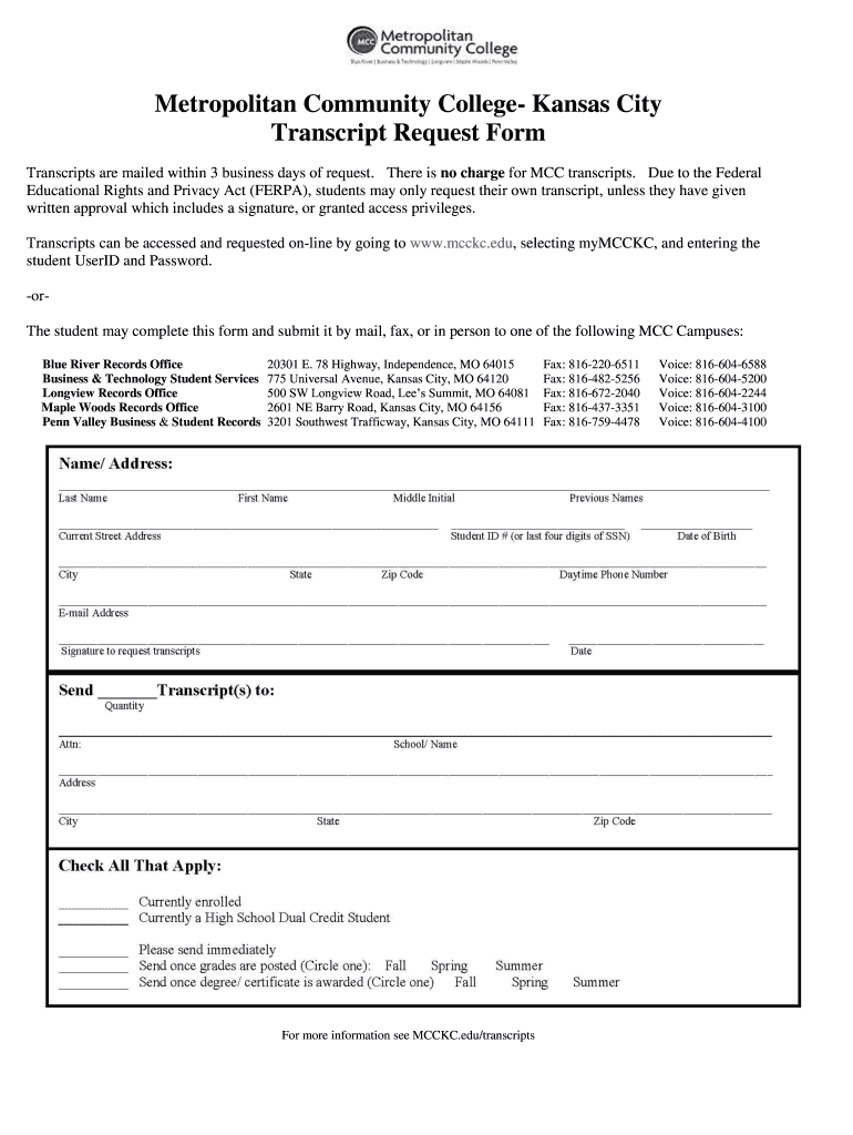 Metropolitan Community College Kansas City Transcript Request Form