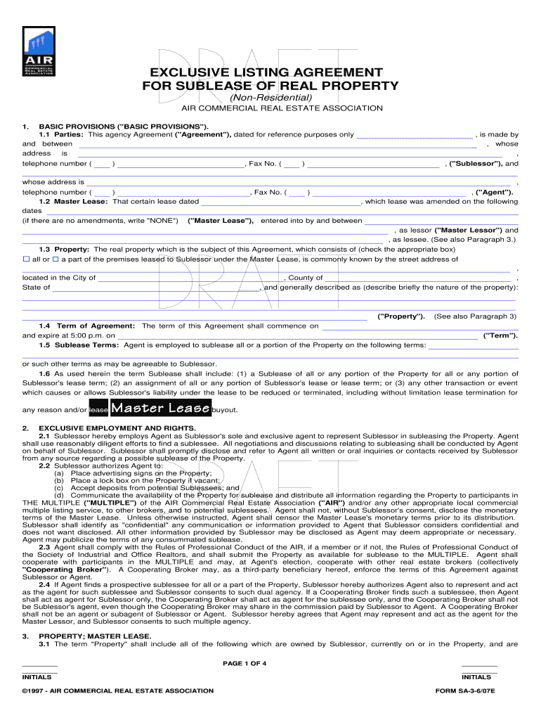 EXCLUSIVE LISTING AGREEMENT for SUBLEASE of REAL PROPERTY NonResidential AIR COMMERCIAL REAL ESTATE ASSOCIATION 1  Form