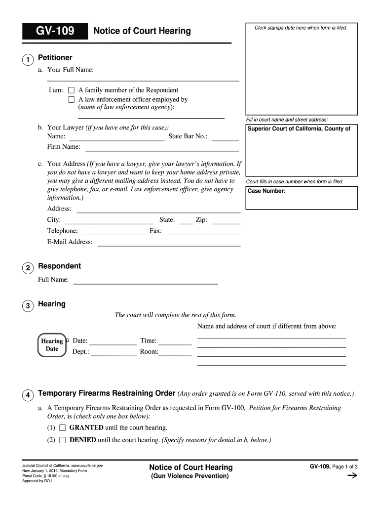  GV 109 Notice of Court Hearing Judicial Council Forms  Courts Ca 2016