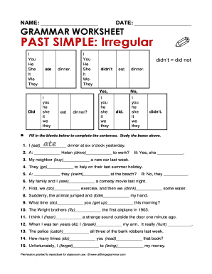 Grammar Worksheet Past Simple Irregular  Form