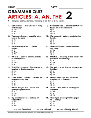 Grammar Quiz Articles a an the 2  Form