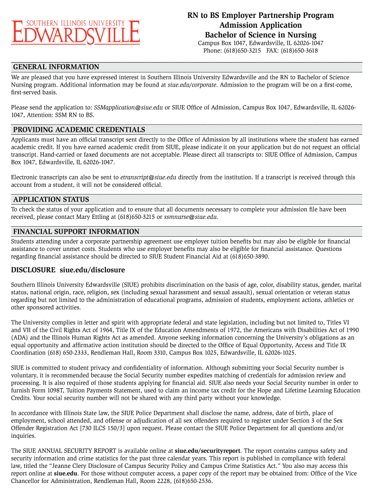 RN to BS Employer Partnership Program Admission Application Bb Siue  Form