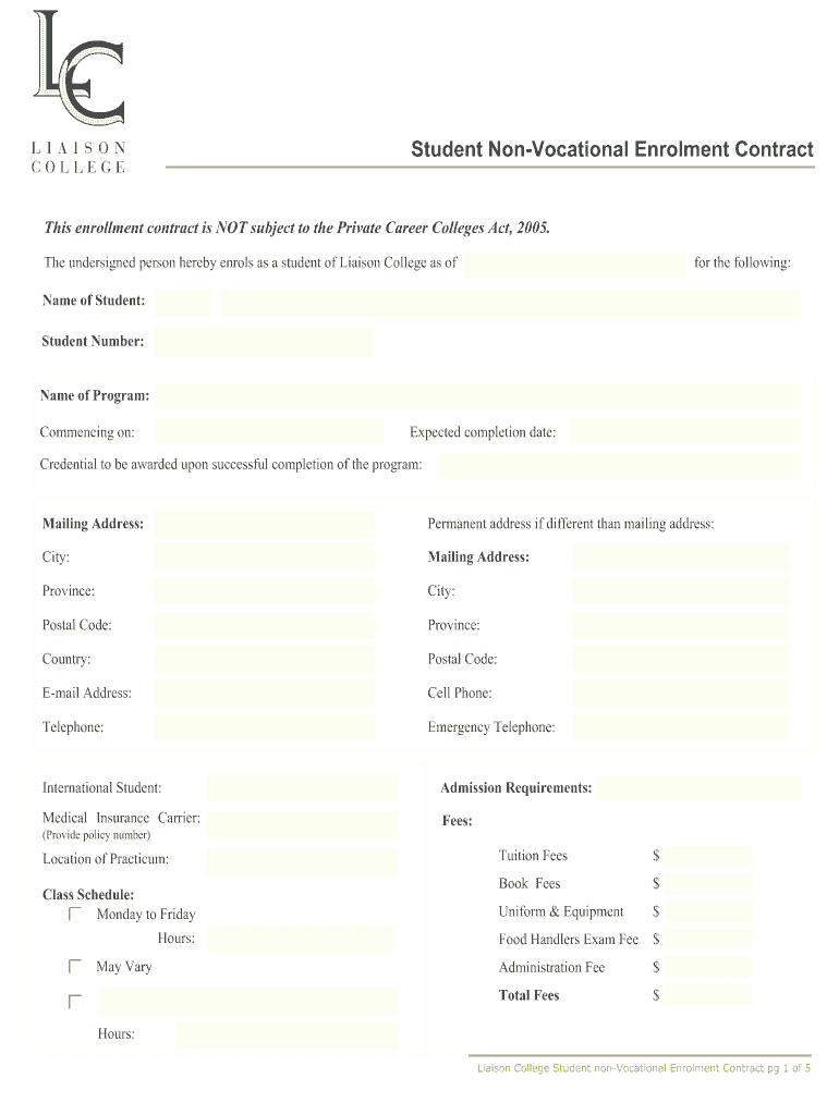 Student Non Vocational Enrolment Contract Liaison College  Form